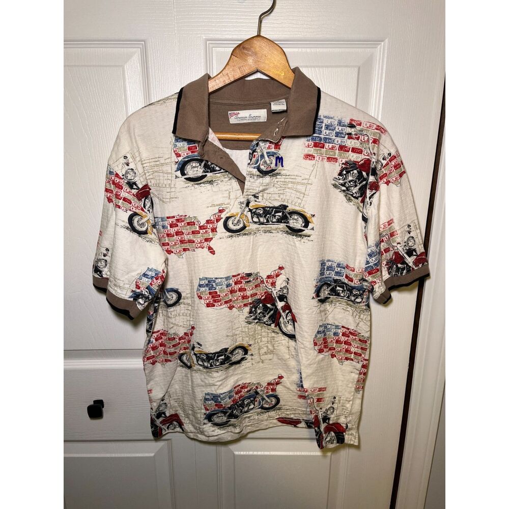 Vintage American Summer Motorcycle Polo Shirt Mens Medium USA Biker Print